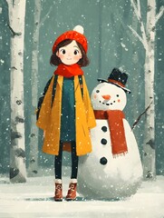 girl with a snowman