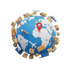 Global shipping and logistics earth surrounded by packages airplanes and ships transparent background