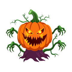 A menacing pumpkin monster with glowing eyes
