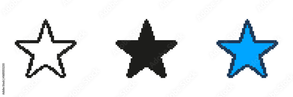 Poster pixelated star icon set. five pointed star in retro pixel art style. achievement and rating symbol. 
