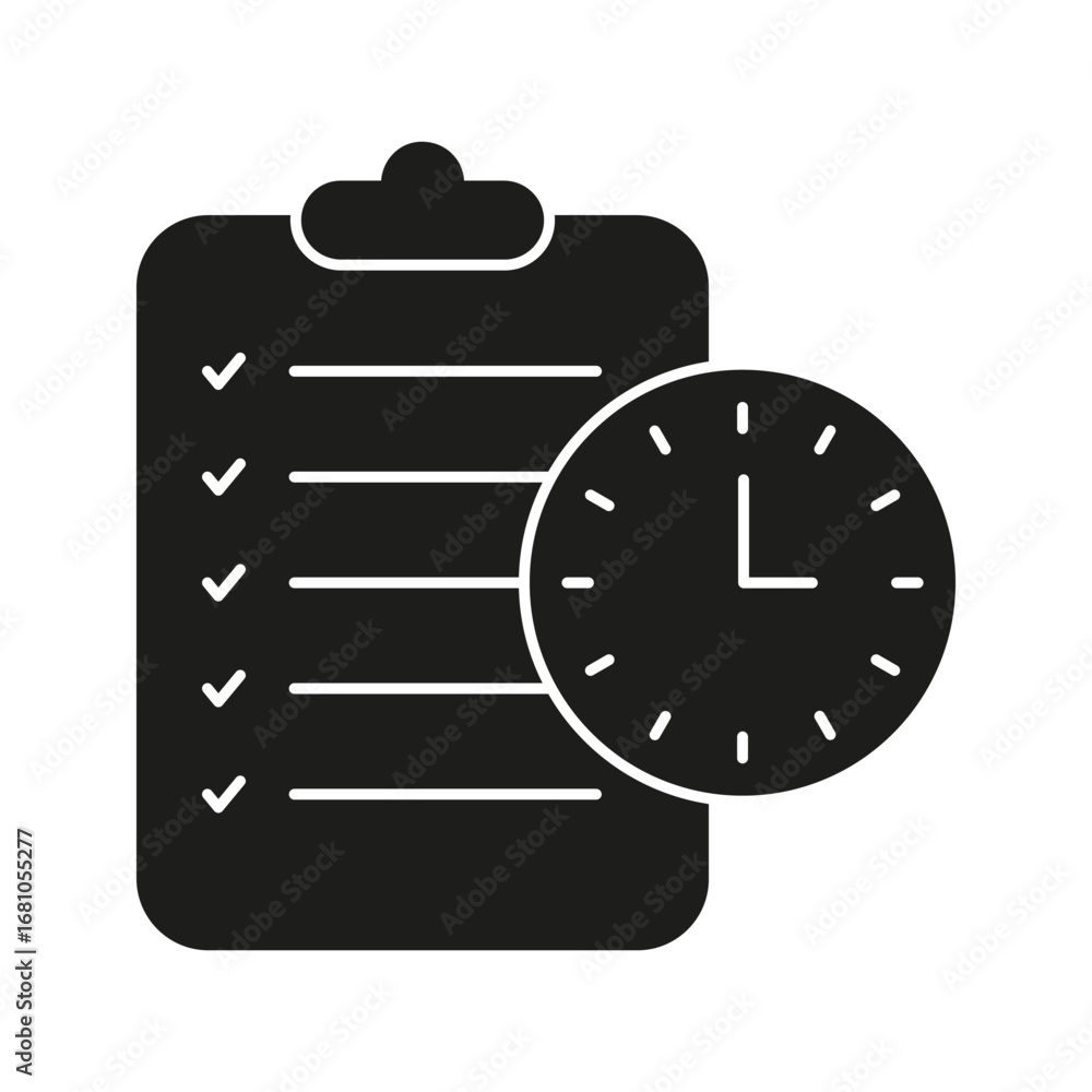Poster clipboard with clock solid icon. task scheduling, time management, and productivity tracking silhoue