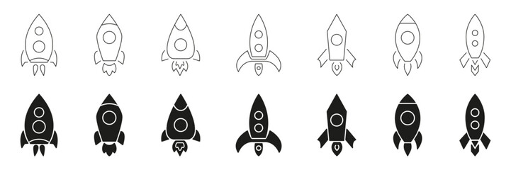 Rocket Ship Line And Solid Icon Set. Space Exploration, Innovation, And Technology Symbol Collection. Various Rocket Designs For Aerospace And Startup Themes. Isolated Vector Illustration