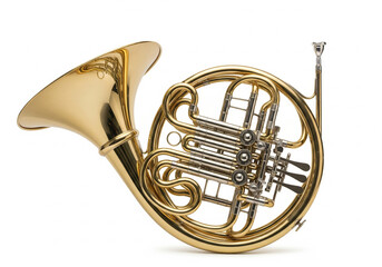 The elegant coiled tubing and brilliant bell of a brass French horn, a classical symphony instrument isolated on white