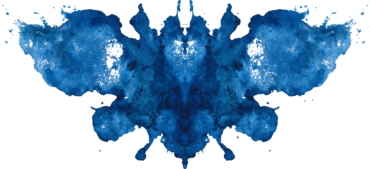Rorschach Blue Blot: Symmetrical inkblot art on stark black & white.
