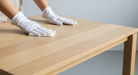 Person cleaning wooden table with cloth while wearing gloves