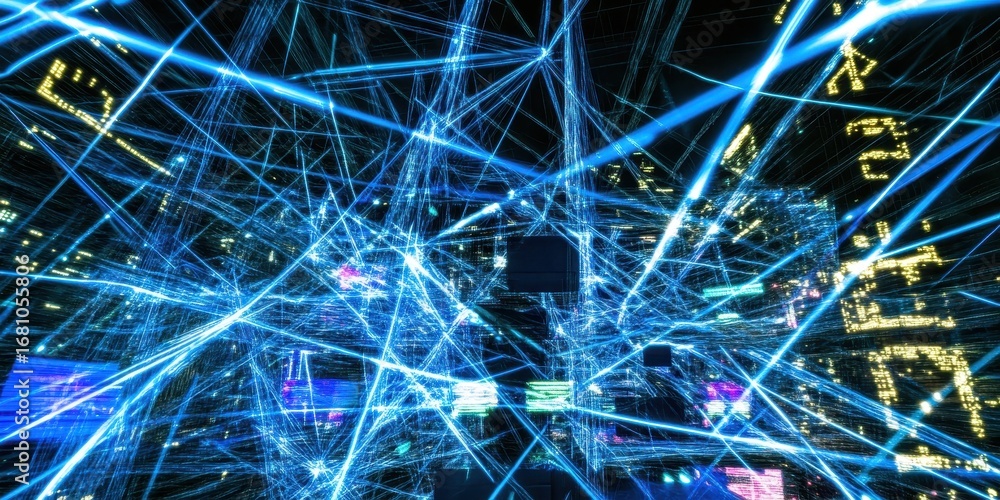 Poster complex blue network of lines and nodes against a dark digital background technology abstract