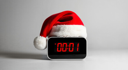 Santa hat on digital alarm clock displaying one minute past midnight