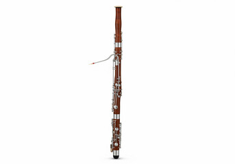 A complete wooden bassoon, a classical double reed woodwind instrument, isolated in a studio with a clean white background for music concepts