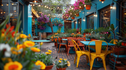Vibrant Outdoor Cafe with Colorful Flowers and String Lights