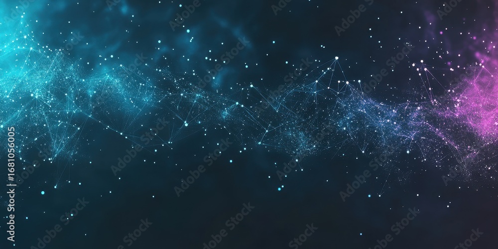 Poster cosmic nebula of interconnected points and lines in teal and pink hues abstract space