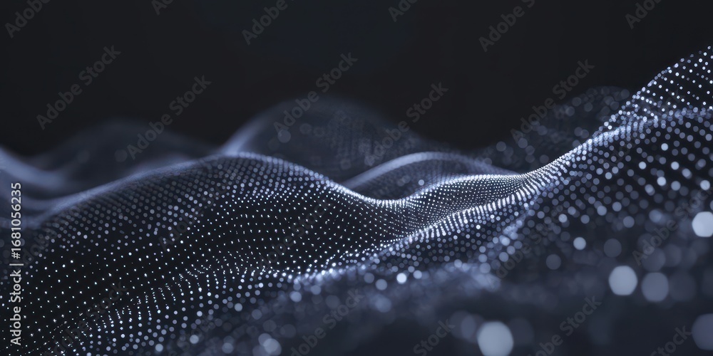Poster dark abstract digital landscape with glowing particles and bokeh effects background