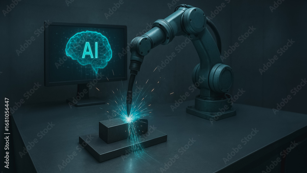 Aufkleber robotic arm and ai: a futuristic depiction of a robotic arm precisely welds a metal block, while an 