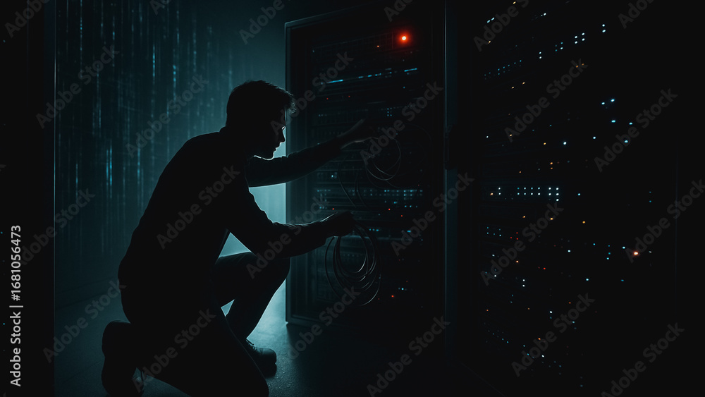 Poster cybersecurity technician: a technician in the darkened server room checks the status of a network's 
