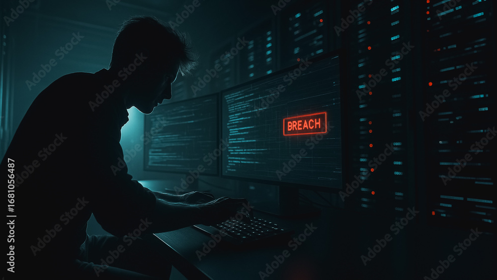 Poster digital intrusion: a shadowy figure intensely focused on a computer screen, illuminated by the omino