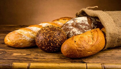 Assorted freshly baked artisan breads, golden and dark, presented with wheat on a bamboo board, showcasing traditional baking