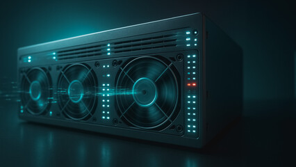 Fototapeta premium Innovation's Cool Pulse: A cutting-edge, digital device's sleek design in the shadows, highlighted by vibrant turquoise light.