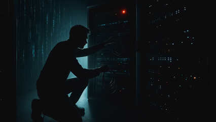 Cybersecurity Technician: A technician in the darkened server room checks the status of a network's data center. Evoking the digital frontier.