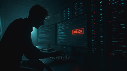 Digital Intrusion: A shadowy figure intensely focused on a computer screen, illuminated by the ominous glow of a data breach.
