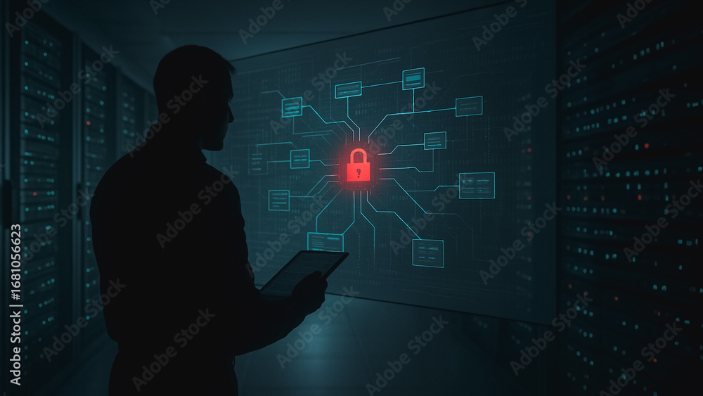 Poster data security silhouette: a shadowy figure examines digital data protection, observing a glowing pad