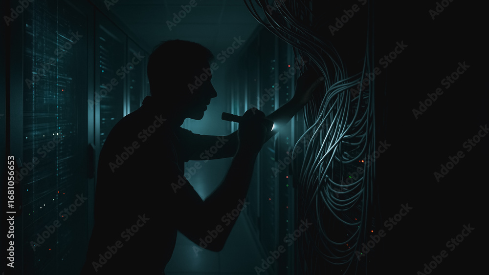Poster tech specialist in data center: an it technician, silhouetted against a low-lit data center backdrop