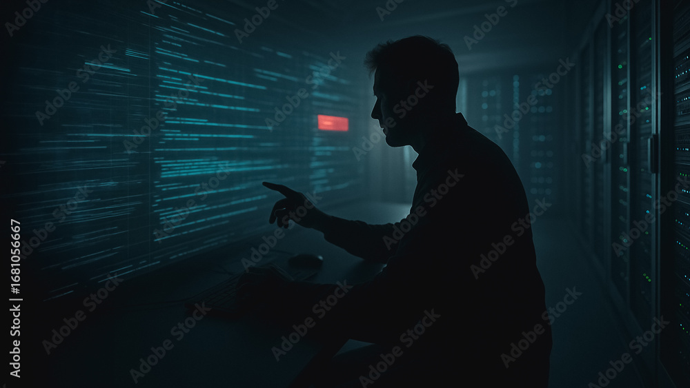 Poster digital frontier: a silhouette of an individual immersed in a digital realm, interacting with stream