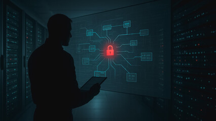 Data Security Silhouette: A shadowy figure examines digital data protection, observing a glowing padlock signifying cybersecurity, illuminating the dark confines of a server room.