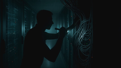 Tech Specialist in Data Center: An IT technician, silhouetted against a low-lit data center backdrop, meticulously examines a network of server cables, utilizing a flashlight.