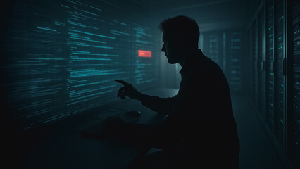 Digital Frontier: A silhouette of an individual immersed in a digital realm, interacting with streams of code projected onto the server room wall.