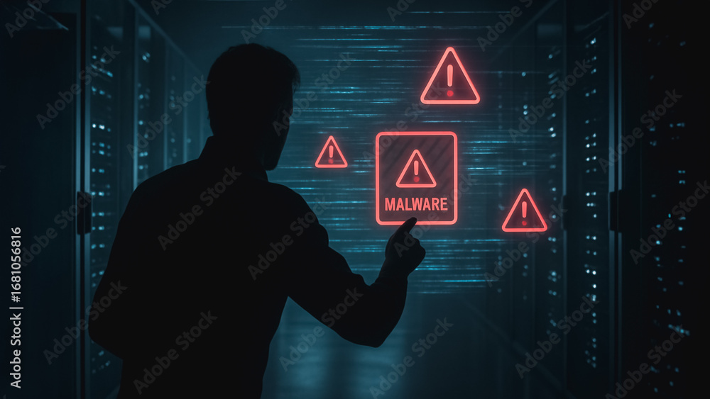 Poster digital realm under siege: a shadowy figure confronts a digital threat, illuminated by ominous alert