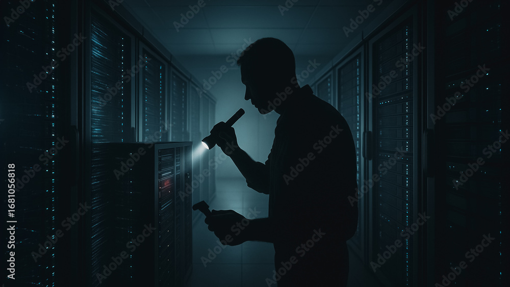 Poster cybersecurity specialist in the server room: a focused technician, illuminated by flashlight, meticu