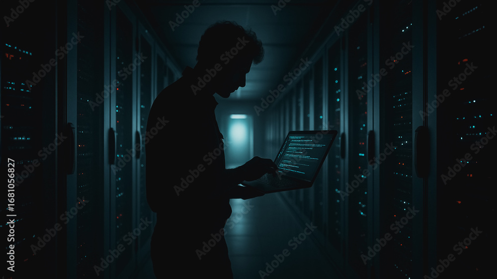 Poster code silhouette in data center: mysterious figure, engulfed in shadows of a data center, intently en