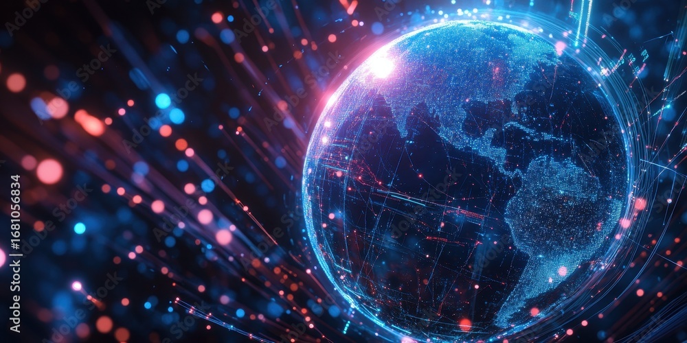 Poster digital globe with glowing network connections and bokeh lights earth world