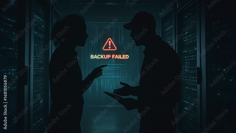 Poster digital crisis: a darkened server room scene, where two figures, cloaked in shadow, confront the ala