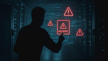 Digital Realm Under Siege: A shadowy figure confronts a digital threat, illuminated by ominous alerts and warnings within a futuristic server room, symbolizing the unseen battle against malware.