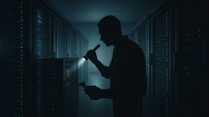 Cybersecurity Specialist in the Server Room: A focused technician, illuminated by flashlight, meticulously investigates complex server infrastructure within a secure data center.