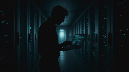 Code Silhouette in Data Center: Mysterious figure, engulfed in shadows of a data center, intently engages with a laptop.