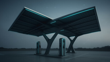 Electric Vehicle Charging Station: A modern, futuristic electric vehicle charging station stands under a starry sky, showcasing clean energy and sustainable transportation solutions.