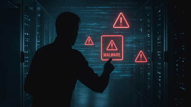 Digital Realm Under Siege: A shadowy figure confronts a digital threat, illuminated by ominous alerts and warnings within a futuristic server room, symbolizing the unseen battle against malware. - Powered by Adobe