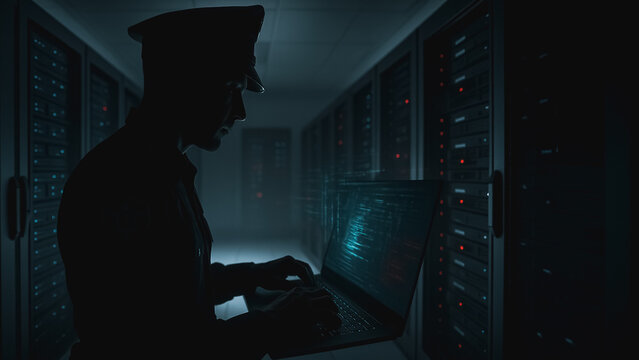 Cybersecurity: A silhouetted figure, clad in a uniform and hat, intensely monitors a laptop screen in a data center server room. Capturing a moment of high-tech vigilance. - Powered by Adobe
