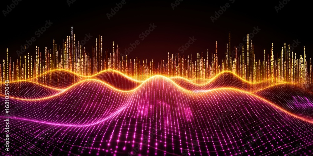 Poster digital sound waveform with binary code and neon glow audio music