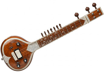 Beautifully crafted electric sitar, a traditional Indian stringed instrument for classical music, isolated on a clean white background
