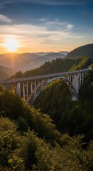 Obraz premium Mountain bridge at sunset with beautiful landscape view.