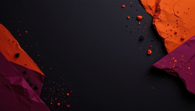 minimalist halloween abstract composition focusing on simple geometric shards, subtle orange and purple gradients, black background, balanced empty space for spooky mood.