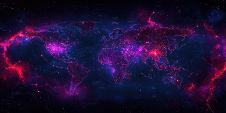 Digital World Map With Glowing Neon Connections And Nebula Effects global technology - Powered by Adobe