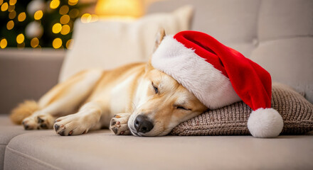 Shiba inu dog sleeping comfortably in santa hat on cozy pillow during christmas