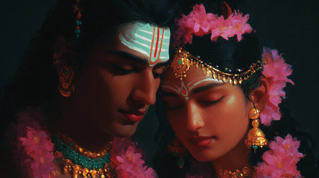 shiva and parvati divine couple close-up illustration, hindu gods in love and devotion, perfect for spiritual artwork, posters, cards and cultural designs	