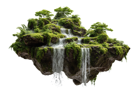 Lush rocky island fragment with waterfalls flowing over moss-covered cliffs, surreal floating look, isolated on transparent background.
