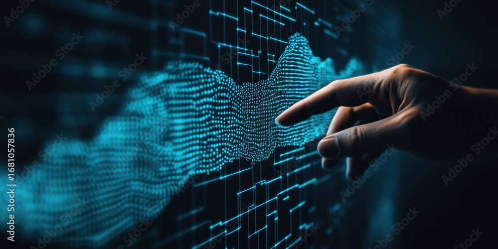 Poster finger touching a digital data visualization with blue lines and dots on a dark screen hand