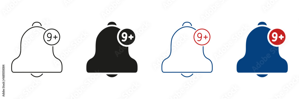 Poster notification bell with badge line and solid icon set. alert and reminder symbol collection for apps 