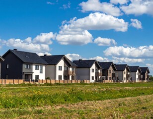 Row of modern houses under a vibrant sky
